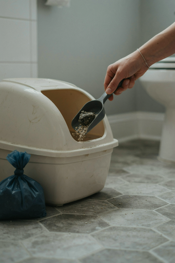 Hand scooping a clump from a litter box during a routine cat litter change