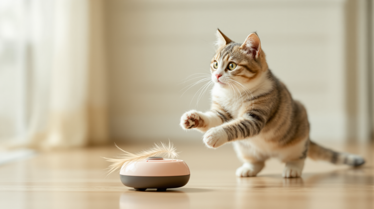 Cat mid-pounce striking at one of several motorised interactive cat toys