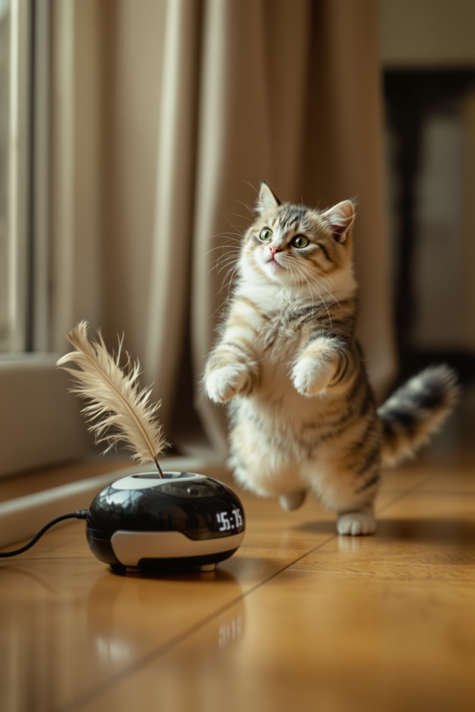 Interactive Cat Toys: Completing the Hunt and Why Lasers Alone Fail 3 Cat mid-pounce with front paws off the ground, striking at an erratically moving motorised feather toy on the floor - interactive cat toys