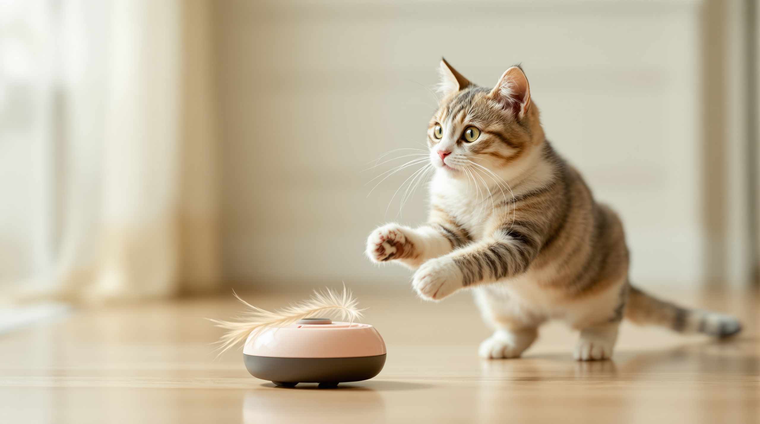 Cat mid-pounce striking at one of several motorised interactive cat toys