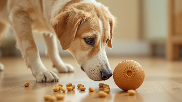 Dog nosing a treat dispensing ball from a set of interactive dog toys