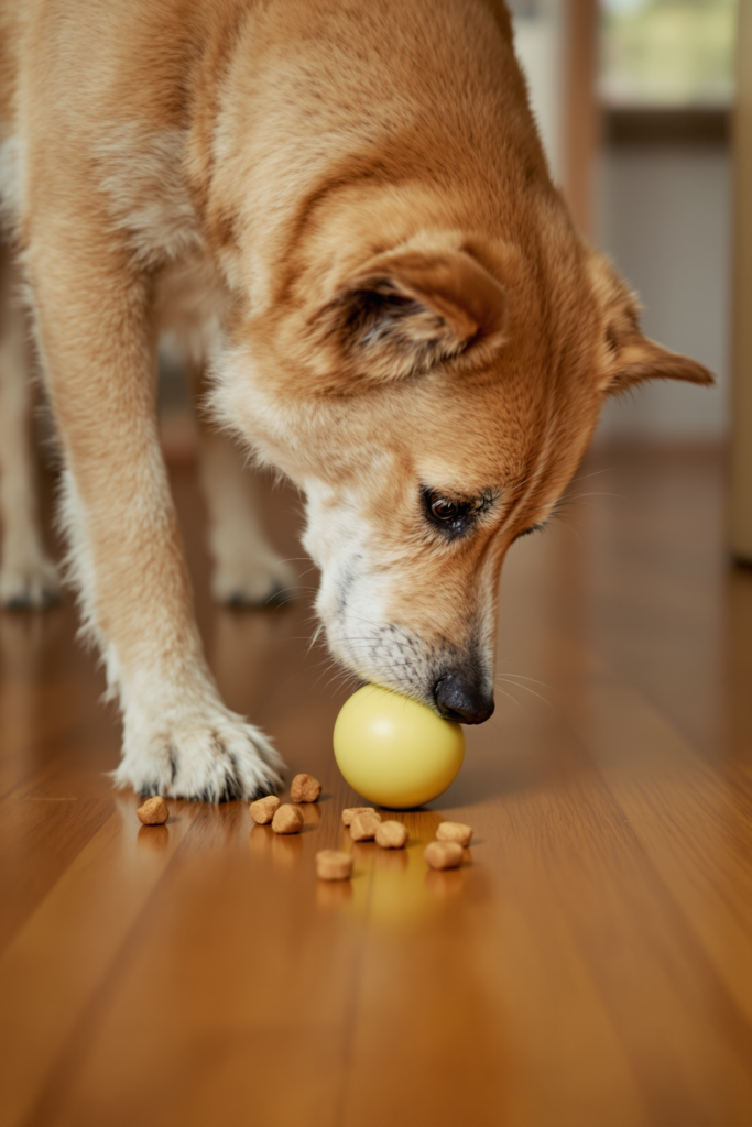 A dog nosing a treat-dispensing ball across a wooden floor with kibble scattered nearby