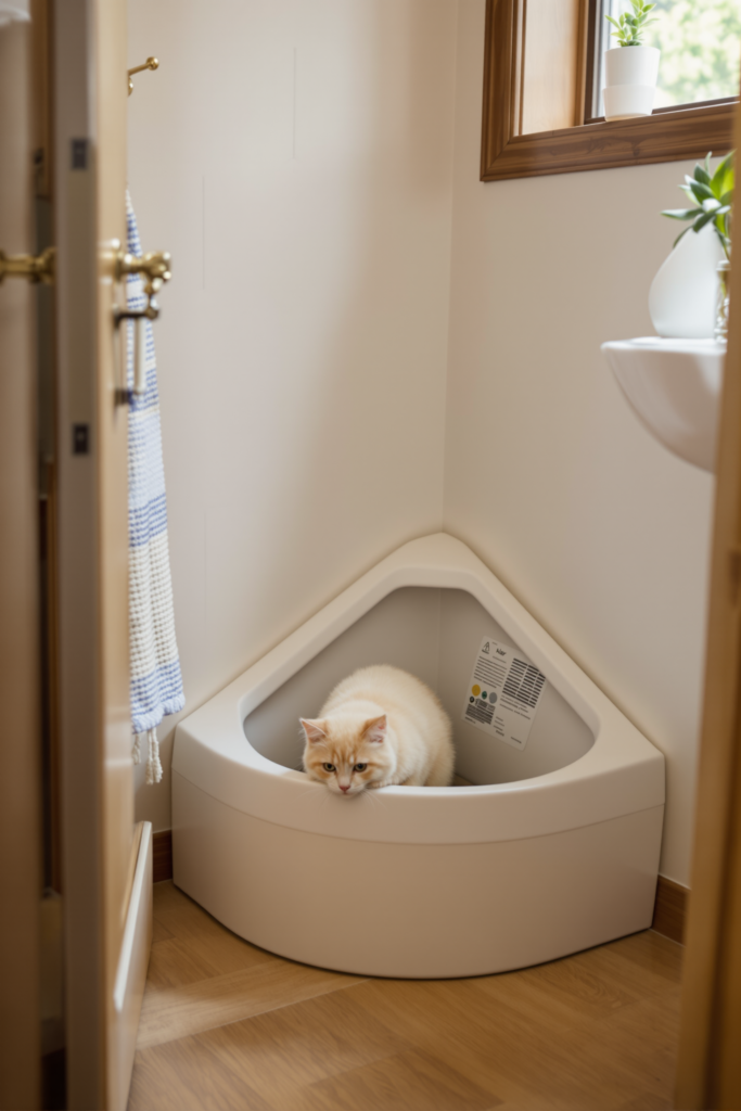 Litter Box for Small Spaces: Corner Shapes, Placement and Airflow 3 Triangular corner litter box fitted neatly into the corner of a compact bathroom - litter box for small spaces