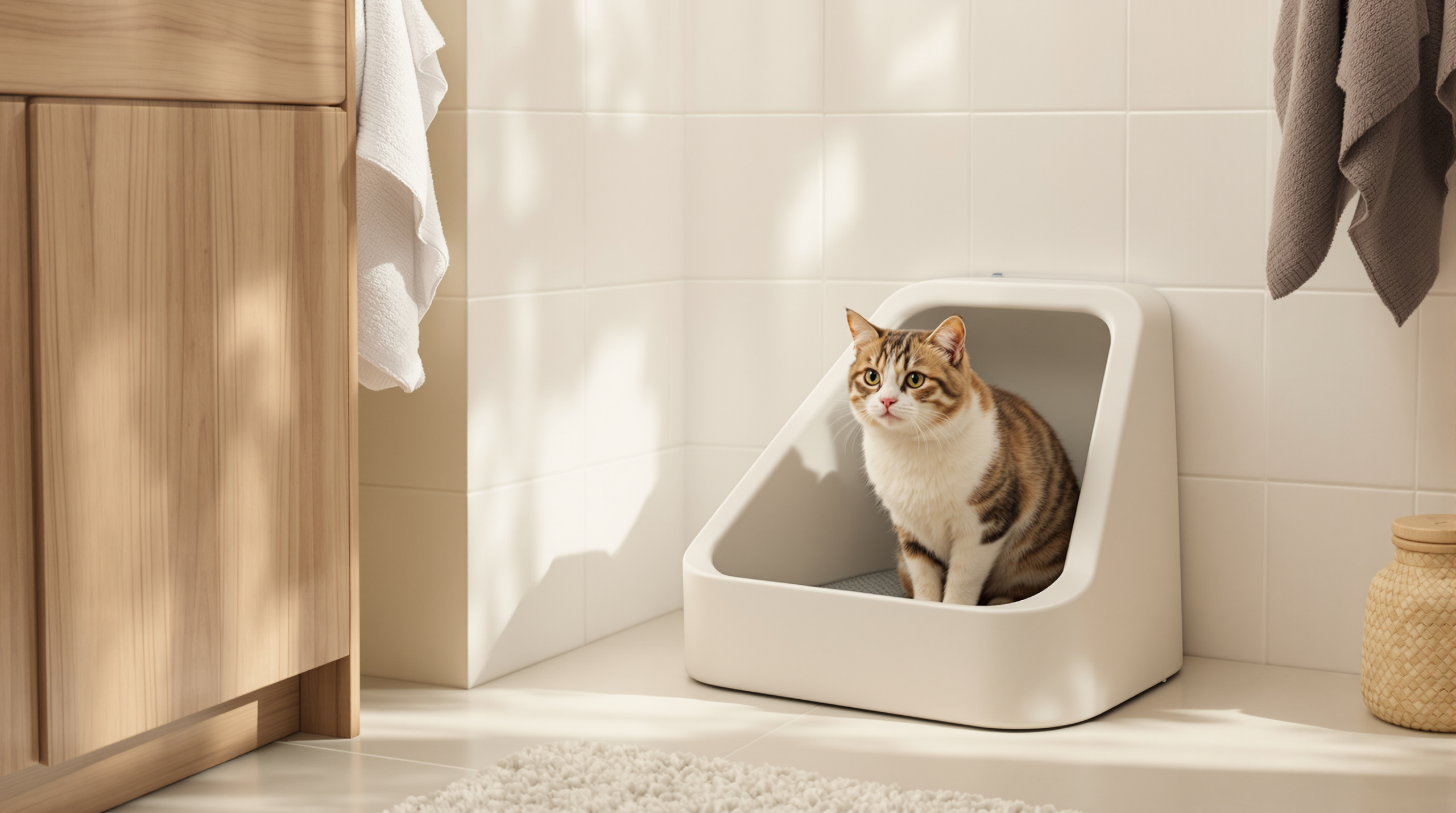 Litter Box for Small Spaces: Corner Shapes, Placement and Airflow 1 Triangular corner litter box for small spaces fitted into a compact bathroom