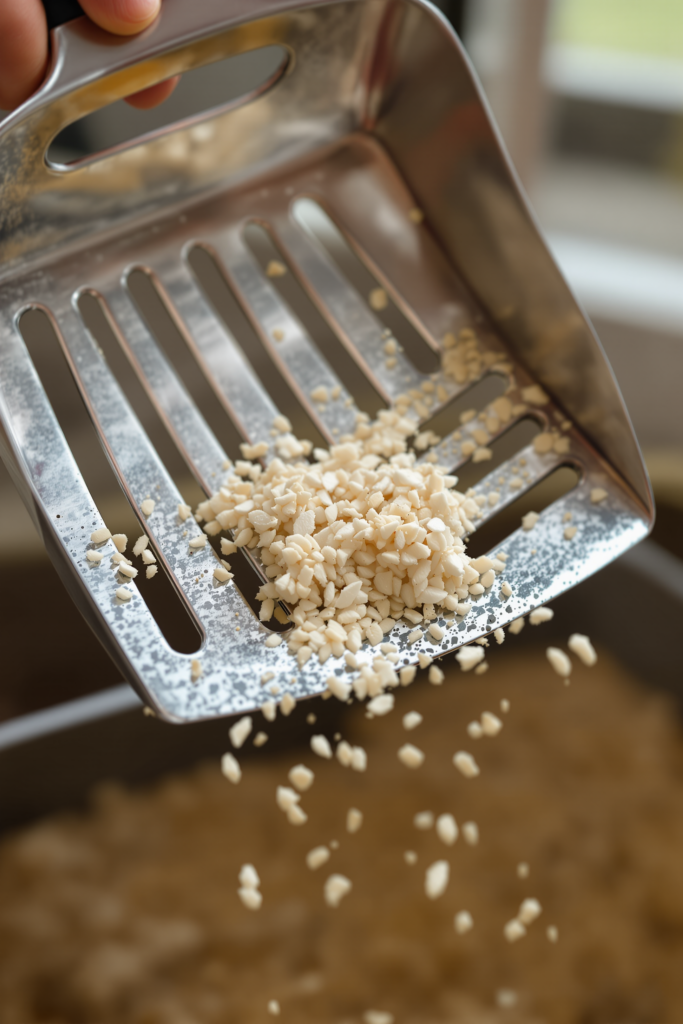 Close-up of a rigid metal litter scoop with evenly spaced slots held above a tray