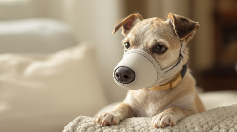 Small terrier wearing a correctly sized lightweight muzzle for small dogs