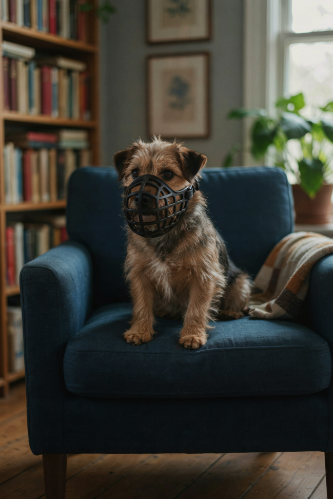 Muzzle for Small Dogs: Sizing, Flat Faces and Why Most Are Too Big 3 Small terrier wearing a correctly sized basket muzzle for small dogs
