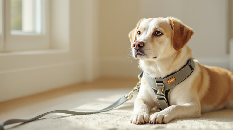 Dog wearing a front-clip no pull dog harness with the leash attached at the chest
