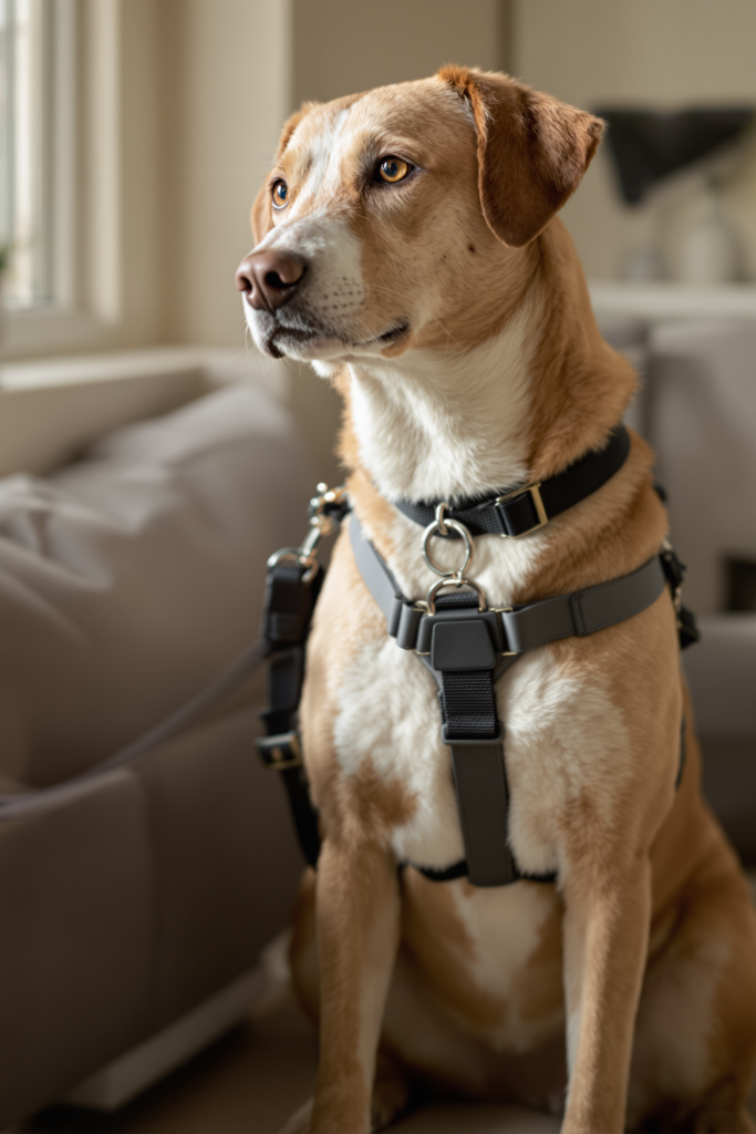 No Pull Dog Harness: How It Works and Why Fit Decides Everything 3 Dog wearing a front-clip no-pull harness with the leash attached at the chest ring, the leash angling forward and across - no pull dog harness