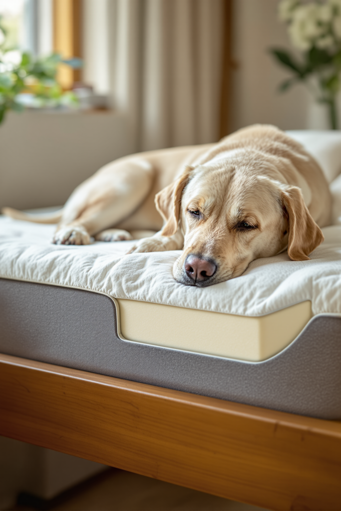 Orthopedic Dog Beds: Foam Thickness, Sizing and What Actually Supports 3 Senior yellow Labrador lying settled on a thick solid memory-foam orthopedic bed - orthopedic dog bed