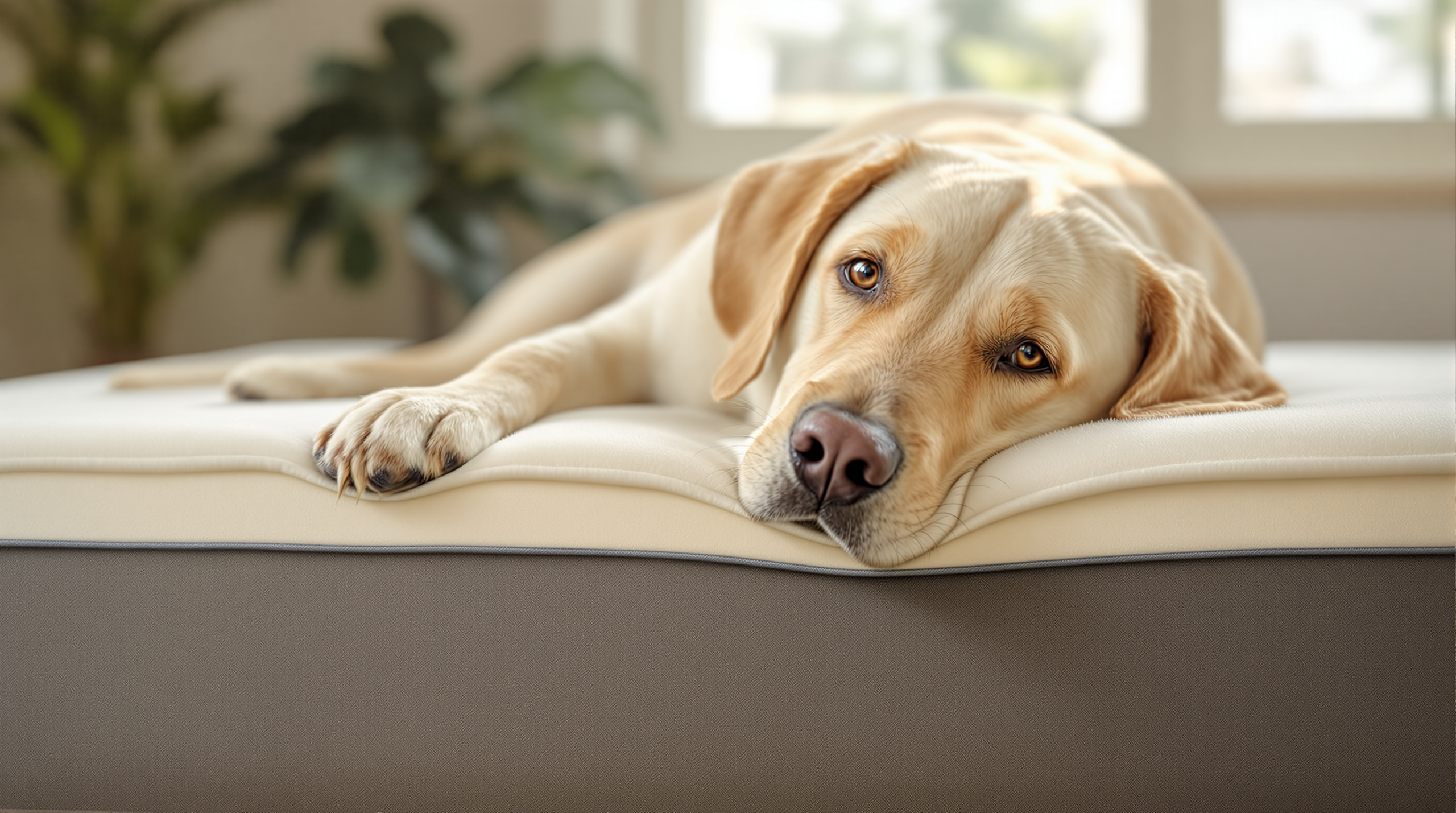 Orthopedic Dog Beds: Foam Thickness, Sizing and What Actually Supports 1 Senior Labrador resting on a thick memory foam orthopedic dog bed