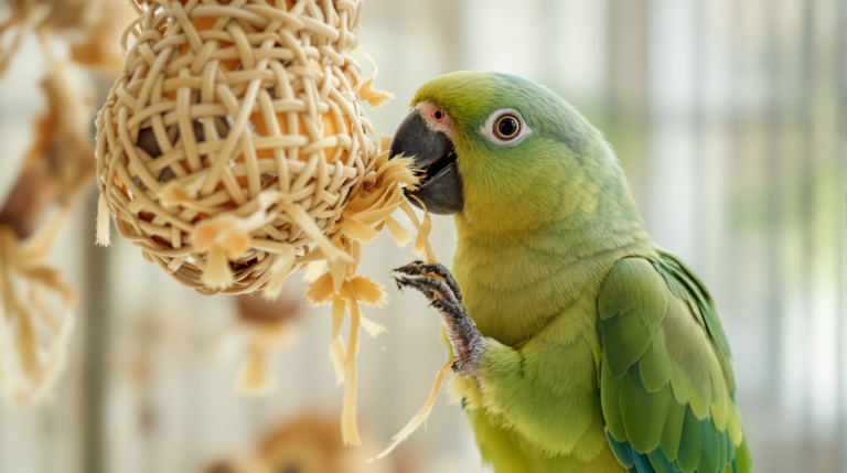 Green parrot shredding a woven palm foraging toy among other parrot toys