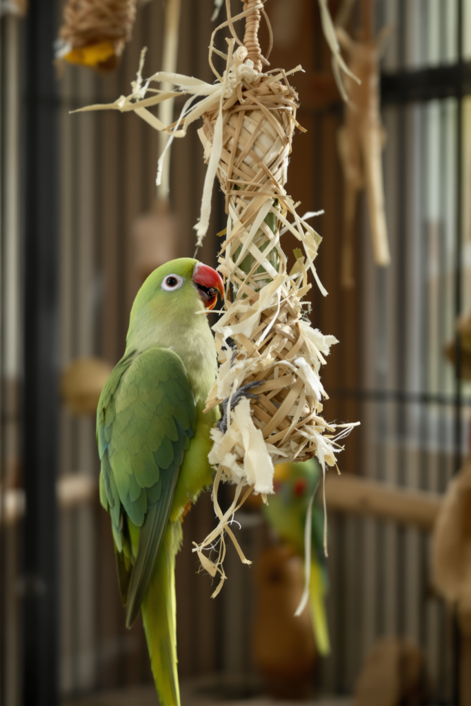 Parrot Toys: Shredding, Foraging and Rotating Them Properly 3 Green parrot actively shredding a hanging foraging toy of woven palm and bamboo, torn fibres falling - parrot toys