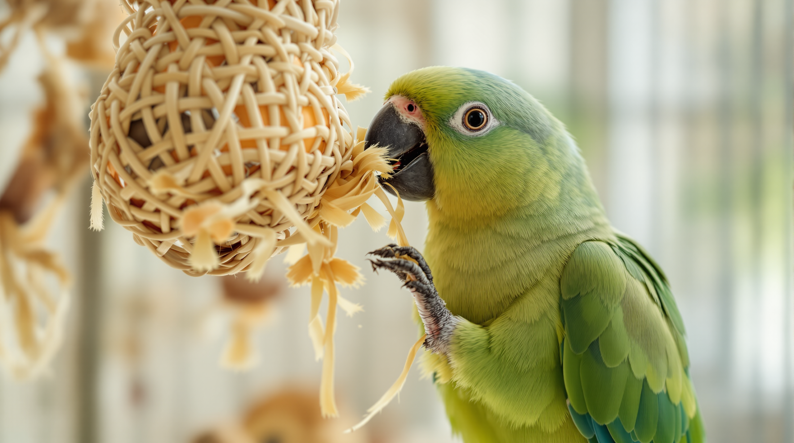 Parrot Toys: Shredding, Foraging and Rotating Them Properly 1 Green parrot shredding a woven palm foraging toy among other parrot toys