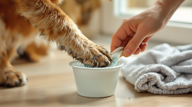 Muddy dog paw inside a silicone bristled paw cleaner for dogs cup of water
