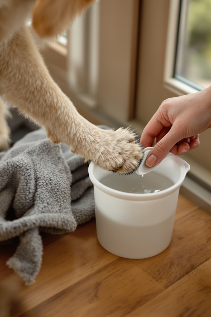 Dog's muddy front paw inserted into a silicone-bristled paw cleaner cup part-filled with water, hand twisting the cup - paw cleaner for dogs