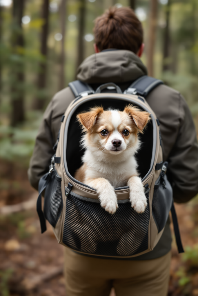Small dog sitting comfortably inside a mesh-panelled pet carrier backpack worn on a hiker's back, mesh on multiple sides