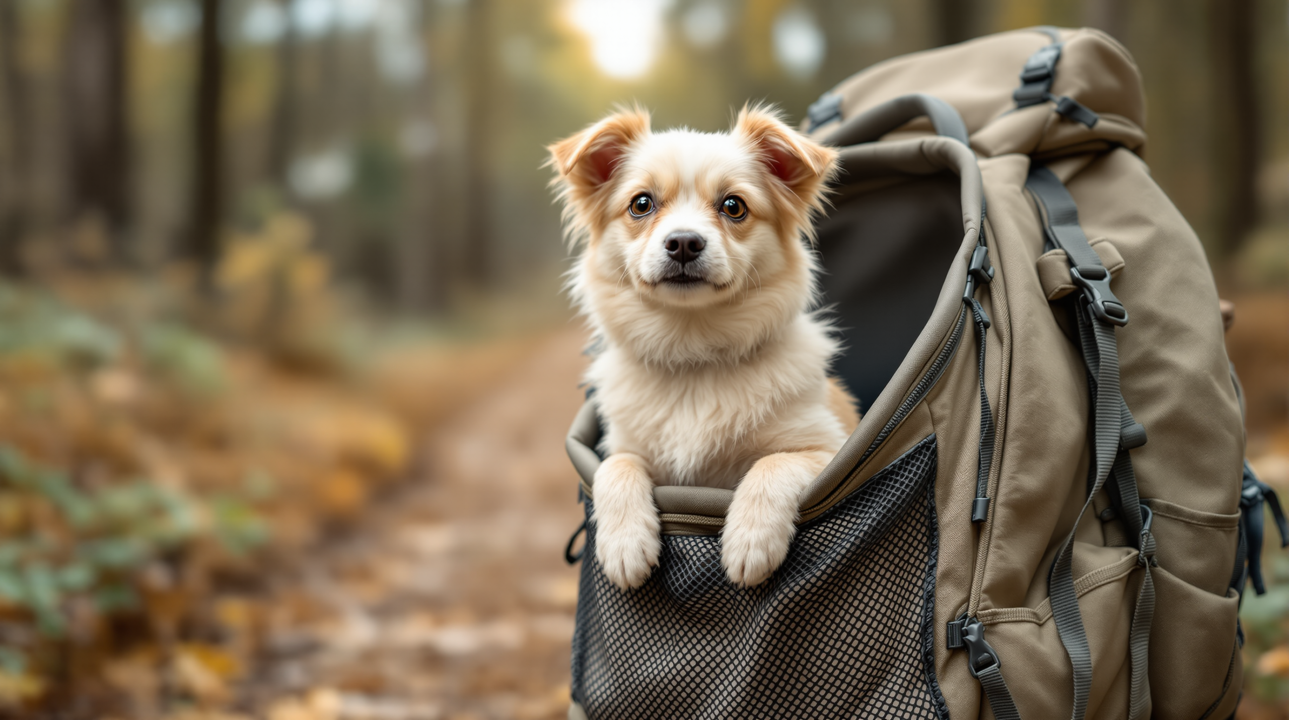 Small dog inside a mesh panelled pet carrier backpack worn on a trail