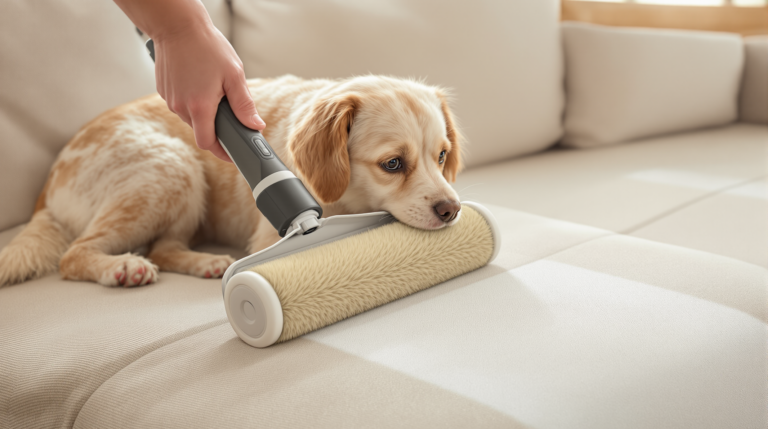 Reusable pet hair remover roller lifting fur from a sofa leaving a clean stripe