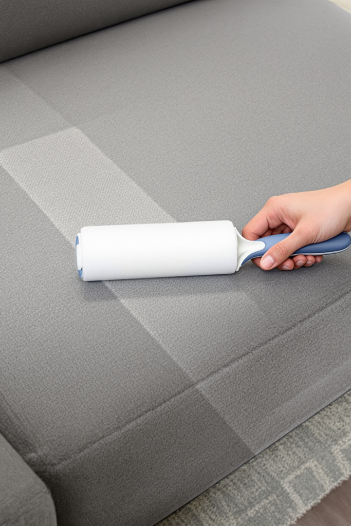A reusable pile roller lifting pet hair from a fabric sofa cushion, leaving a clean stripe behind it
