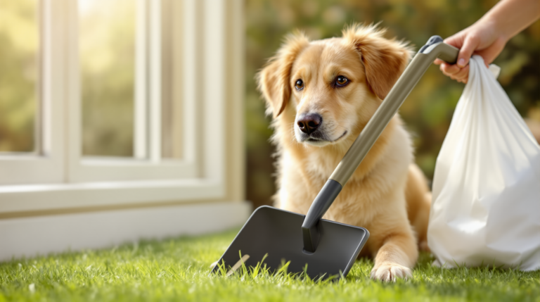 Long handled jaw type pooper scooper being used on a lawn with a waste bag