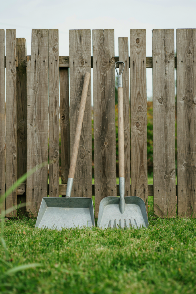 Long-handled rake and pan pooper scooper set leaning against a backyard fence