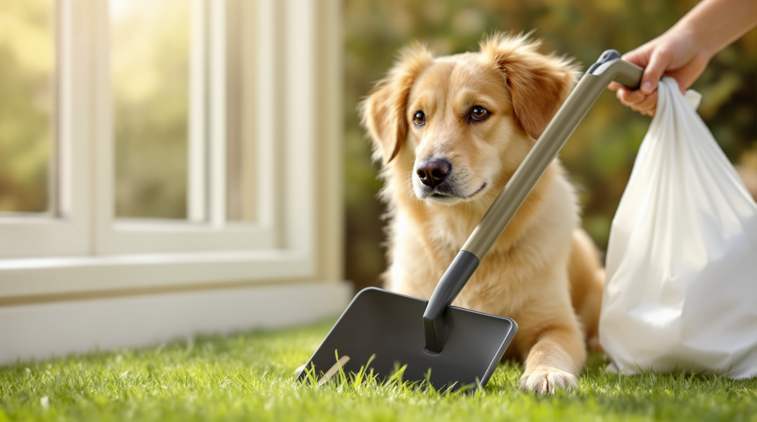 Long handled jaw type pooper scooper being used on a lawn with a waste bag