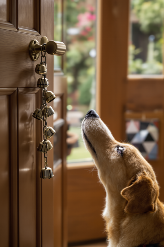 Strip of bells hanging from a back door handle at nose height with a dog nudging them with its muzzle - potty training bell for dogs