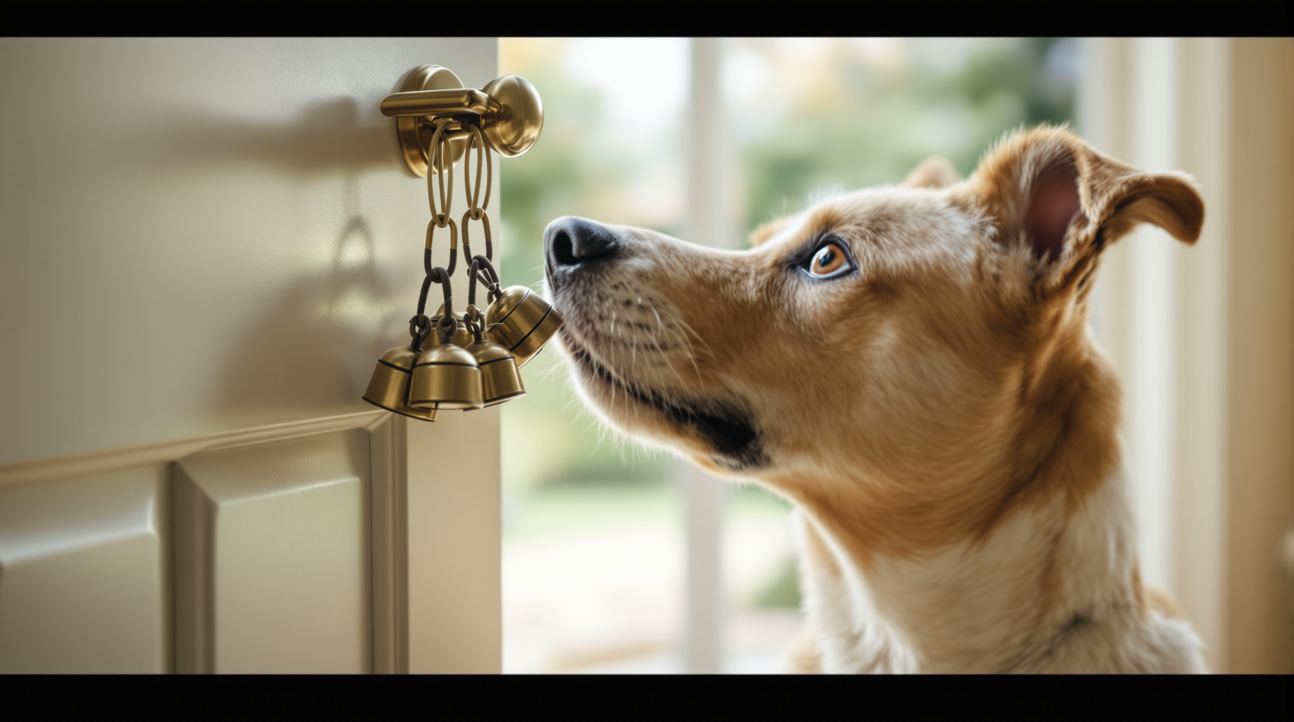 Dog nudging a potty training bell for dogs hanging at nose height on a door