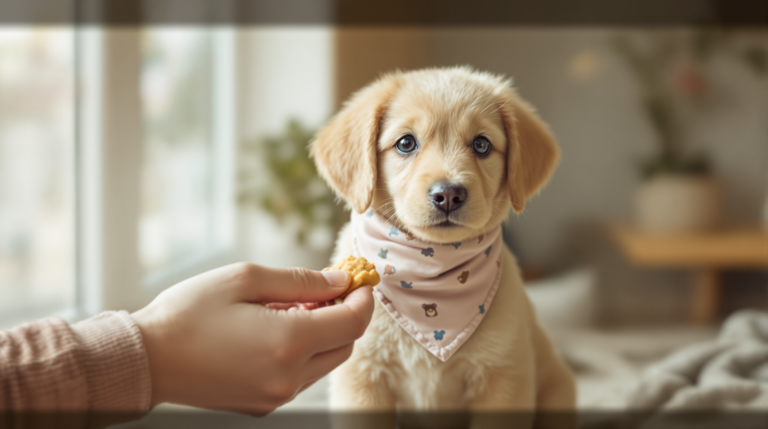 Puppy wearing a small puppy bandana for the first time taking a treat