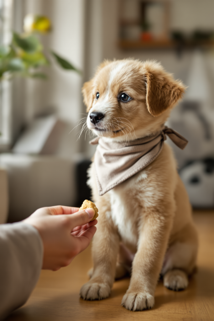 Puppy Bandana: First-Wear Training, Chewing Risk and Sizing as They Grow 3 Young puppy wearing a small soft bandana for the first time, sitting calmly and taking a treat from a hand - puppy bandana