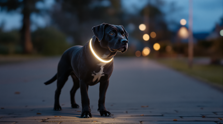 Dark coated dog at dusk wearing a reflective dog collar catching the light