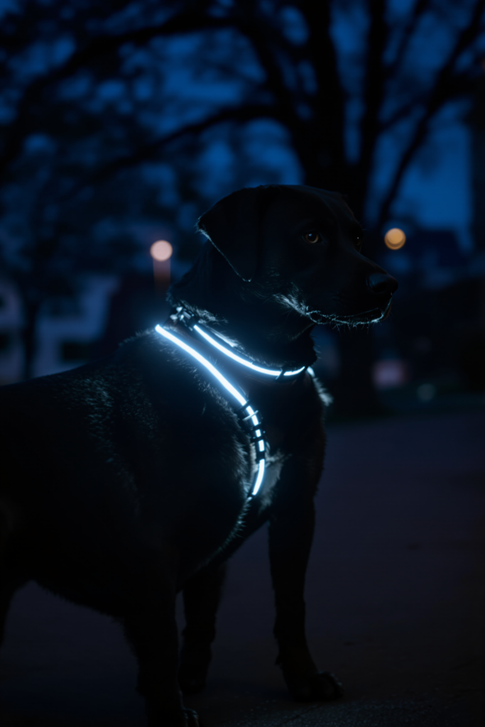 Reflective Dog Collars: Reflective vs LED and What Actually Gets Seen 3 Dark-coated dog standing on a pavement at dusk - reflective dog collar