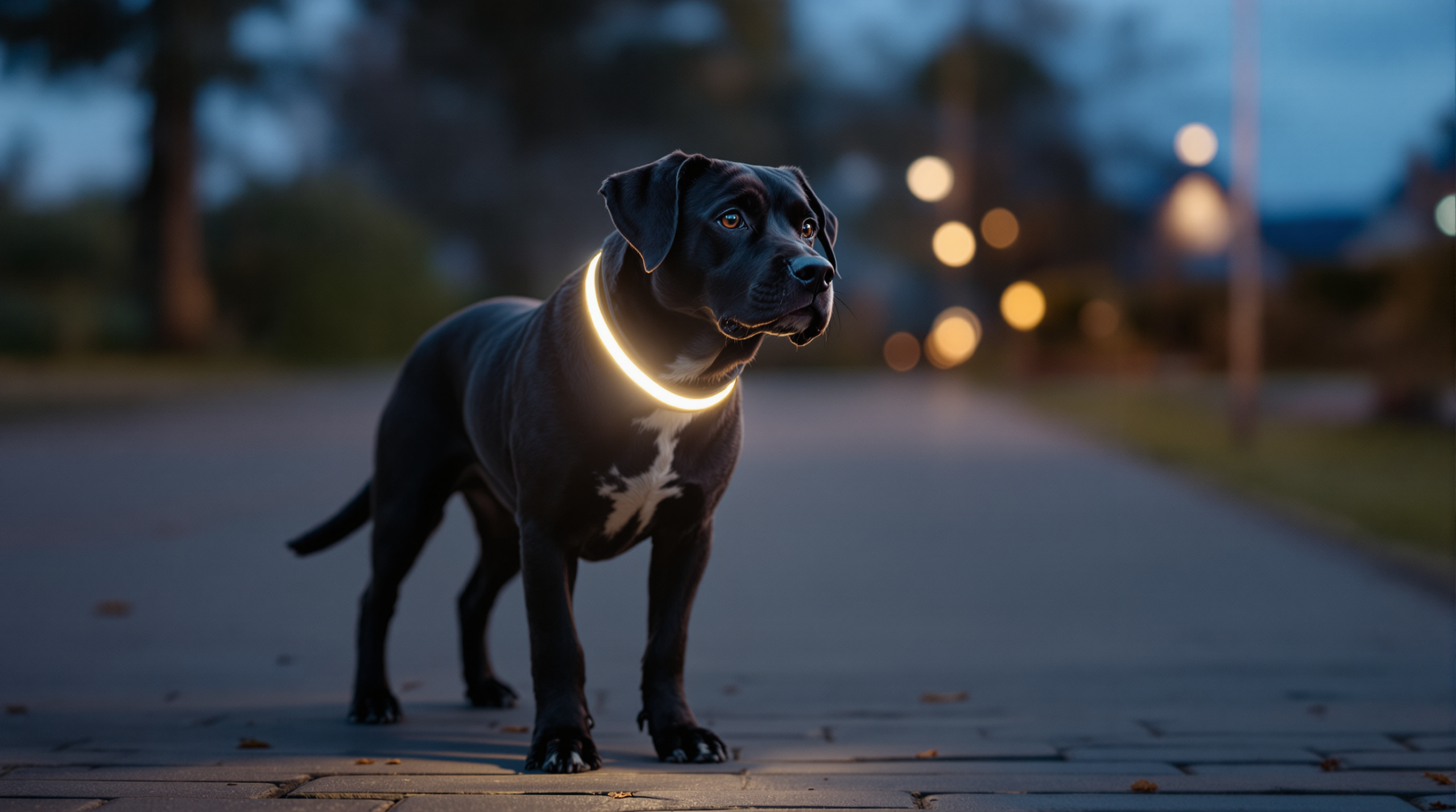 Reflective Dog Collars: Reflective vs LED and What Actually Gets Seen 1 Dark coated dog at dusk wearing a reflective dog collar catching the light