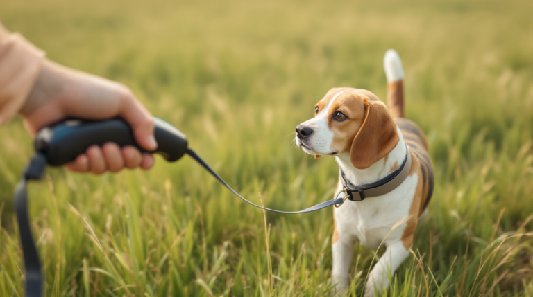 Retractable dog leash extended to a dog exploring in an open grassy field