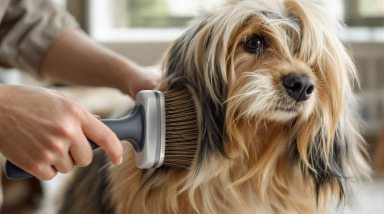 Slicker brush line brushing a longhaired dog with the coat parted by hand