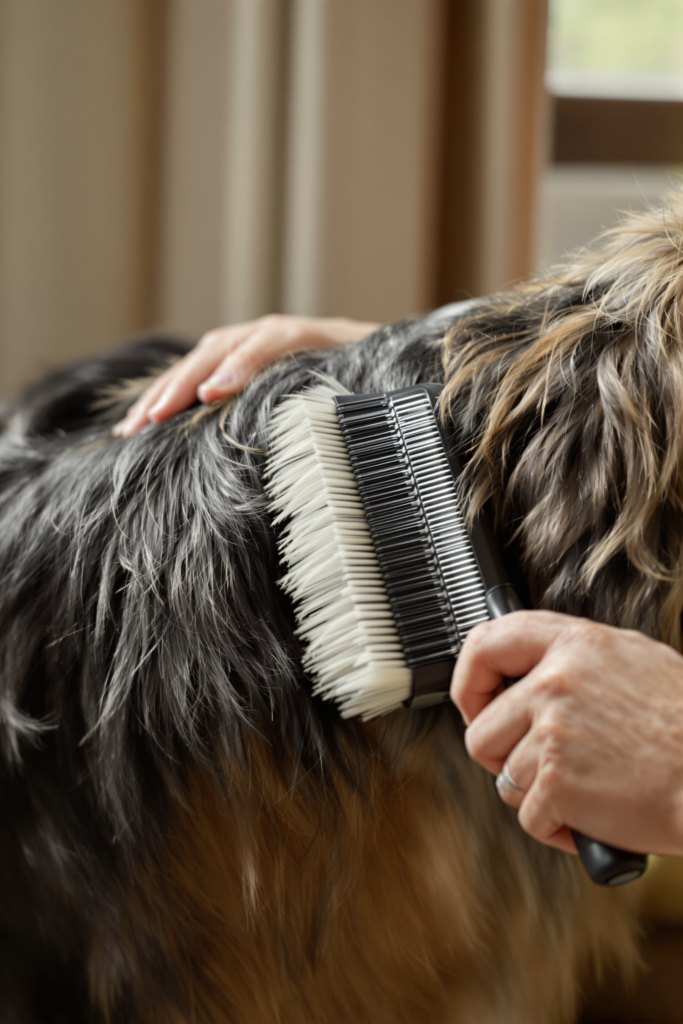 Slicker brush line-brushing a longhaired dog