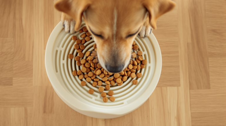 Overhead view of a slow feeder dog bowl with kibble between the maze ridges