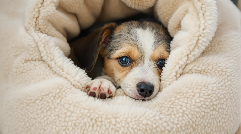 Small terrier burrowed into a plush high-walled small dog bed
