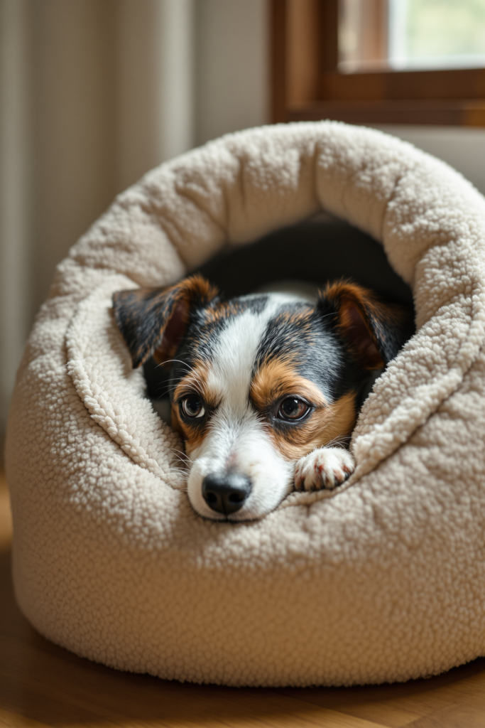 Small Dog Beds: Sizing, Warmth and Why Toy Breeds Burrow 3 Small terrier burrowed down into a plush high-walled small dog bed, mostly hidden under the soft rim