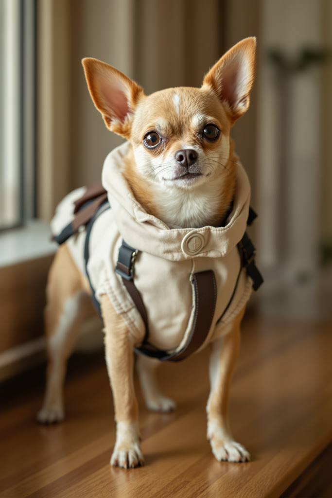 Small Dog Costume: Sizing Below 5kg and Why Weight Charts Fail 3 Chihuahua wearing a lightweight rider-style costume that fastens under the belly with no leg holes - small dog costume