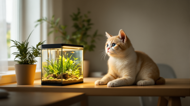 Planted small fish tank glowing on a wooden desk in a dim room