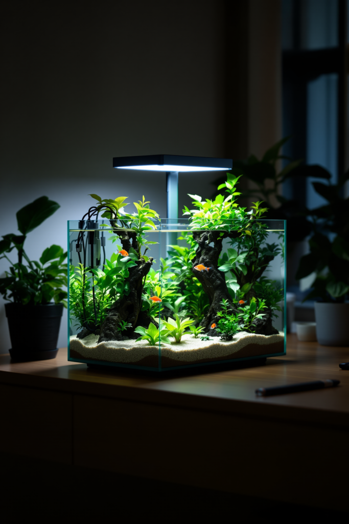 Planted nano desktop aquarium on a wooden desk, warm LED light glowing through clear water - small fish tank