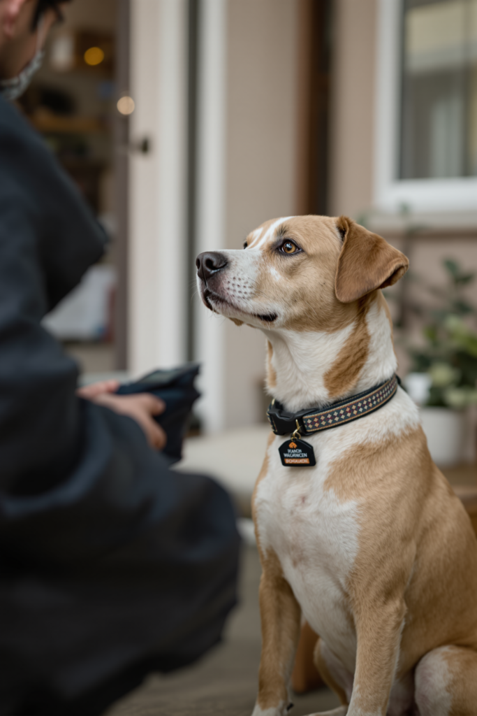 Calm dog in a quiet outdoor training session wearing a fabric martingale collar, sitting attentively facing a handler - training collar for dogs