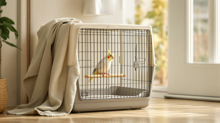 Calm cockatiel in a small travel bird cage with a low perch by a door
