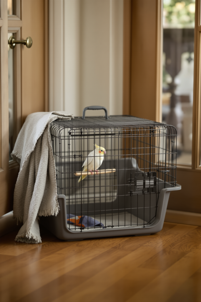 Travel Bird Cage: Vet Trips, Car Journeys and Emergency Evacuation 3 Small secure travel carrier cage with a single low perch holding a calm cockatiel - travel bird cage