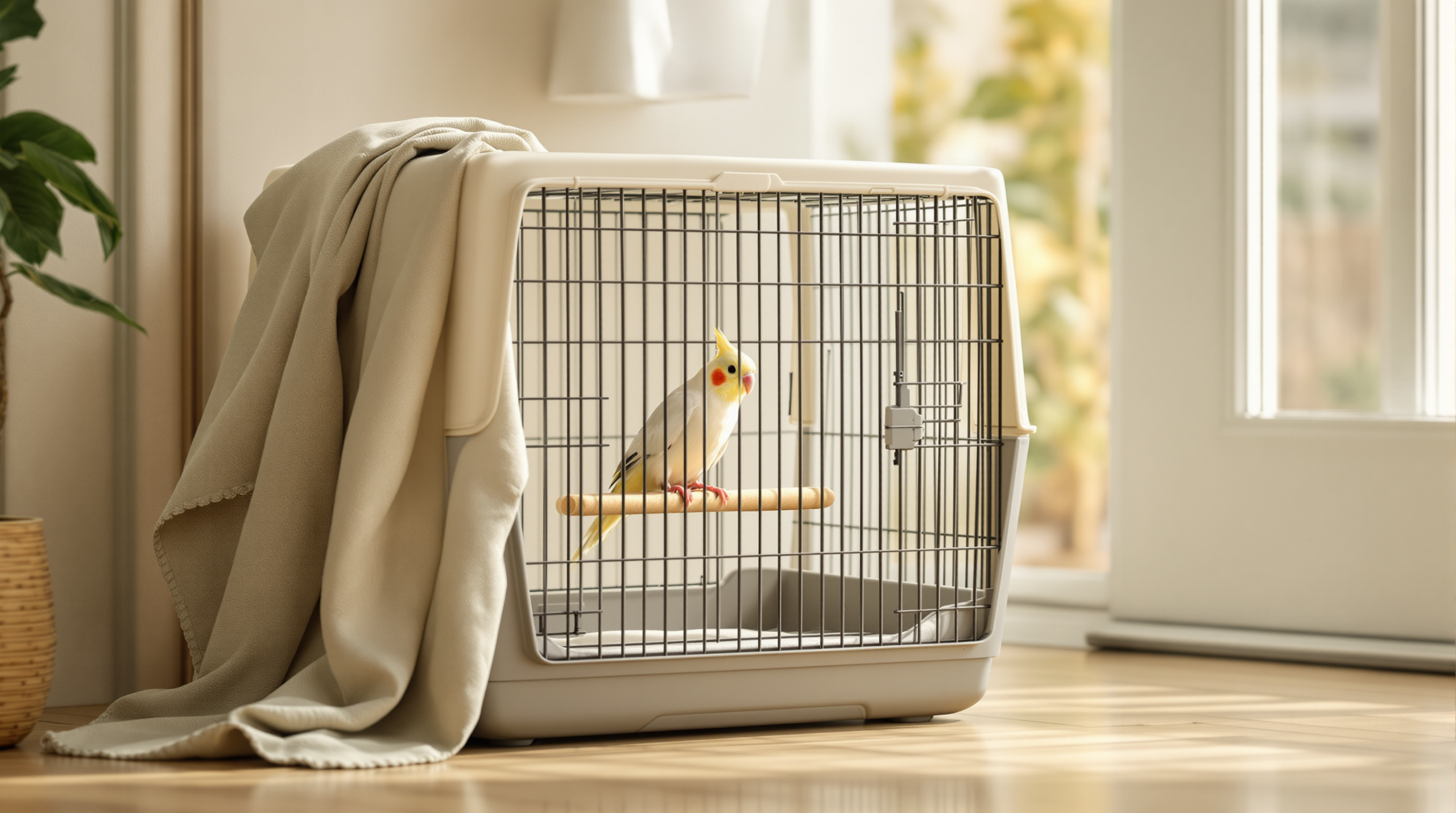 Travel Bird Cage: Vet Trips, Car Journeys and Emergency Evacuation 1 Calm cockatiel in a small travel bird cage with a low perch by a door