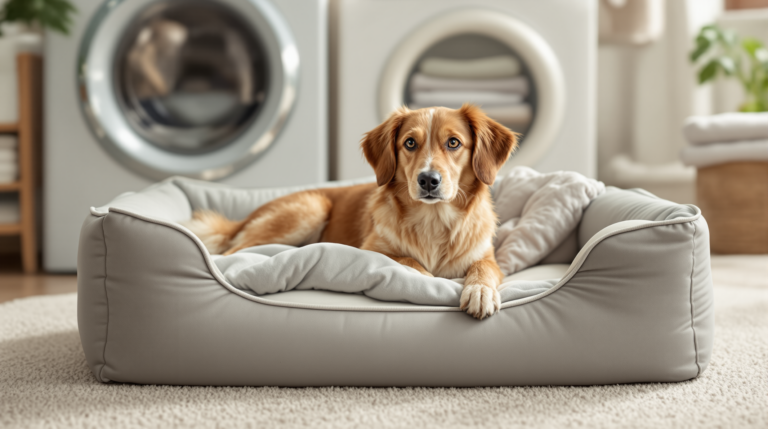 Washable dog bed with the removable zip cover half removed showing the foam core