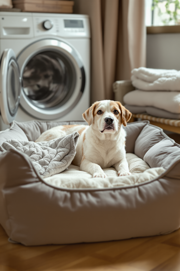 Washable dog bed with its removable zip cover half peeled back to reveal the inner foam core